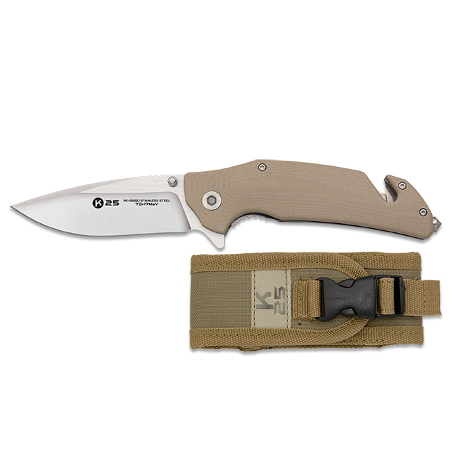 K25 tactical knife with 9 cm blade and brown G10 handle with belt cutter and glass breaker tip