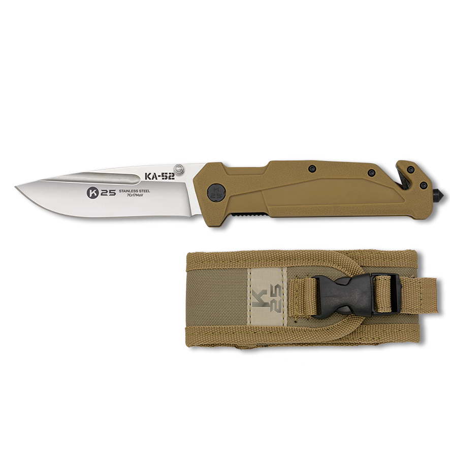 Faca tática KA52 com lâmina de 9 cm e cabo em borracha castanha com cortador de cinto e ponta quebra-vidros
