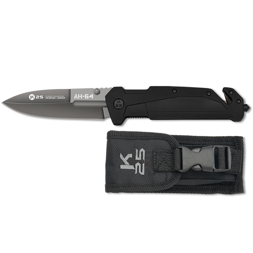 Navaja táctica AH64 con hoja de 9 cm y mango de goma negra con corta cinturón y punta rompecristales