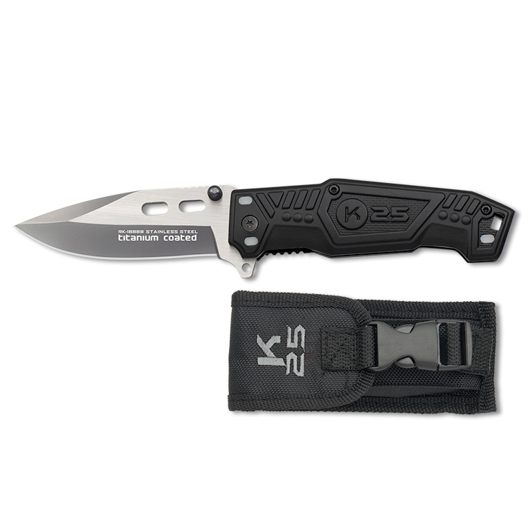 Navaja táctica K25 con hoja de 7.8 cm y mango de aluminio negro