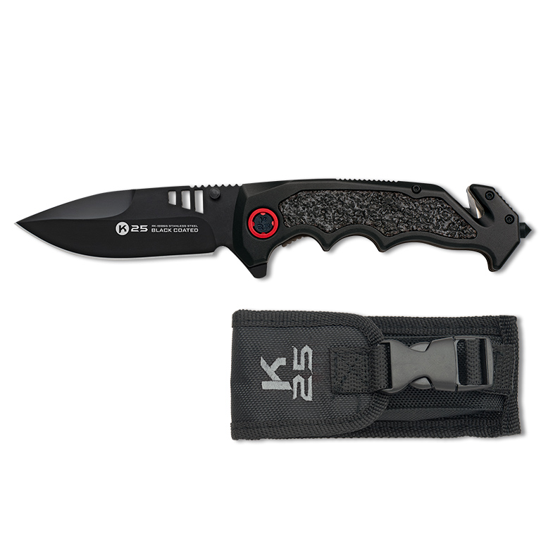 K25 tactical knife with 9.6 cm blade and black rubberized aluminum handle
