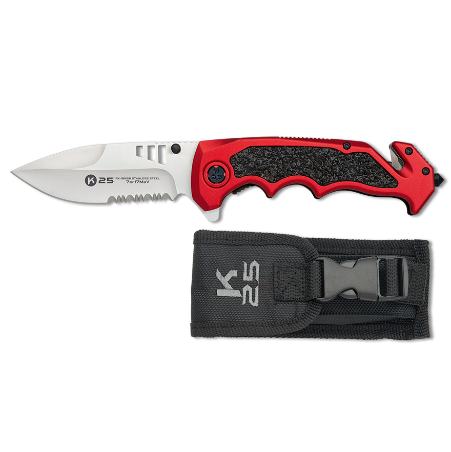 K25 tactical knife with 9.6 cm blade and red and black rubberized aluminum handle