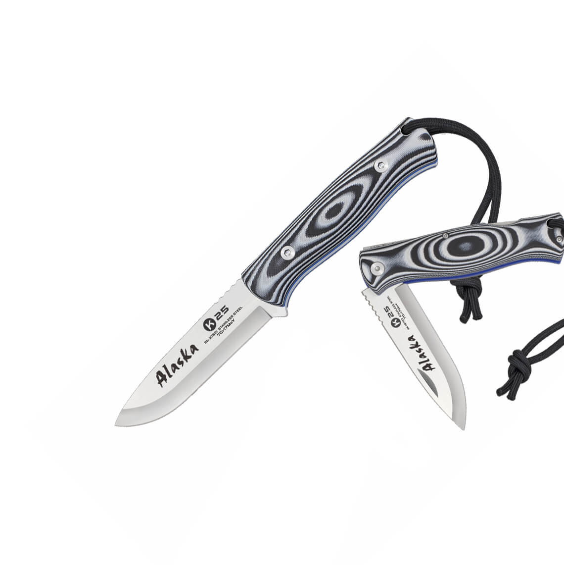 Alaska K25 tactical knife with 9 cm blade and black and white G10...