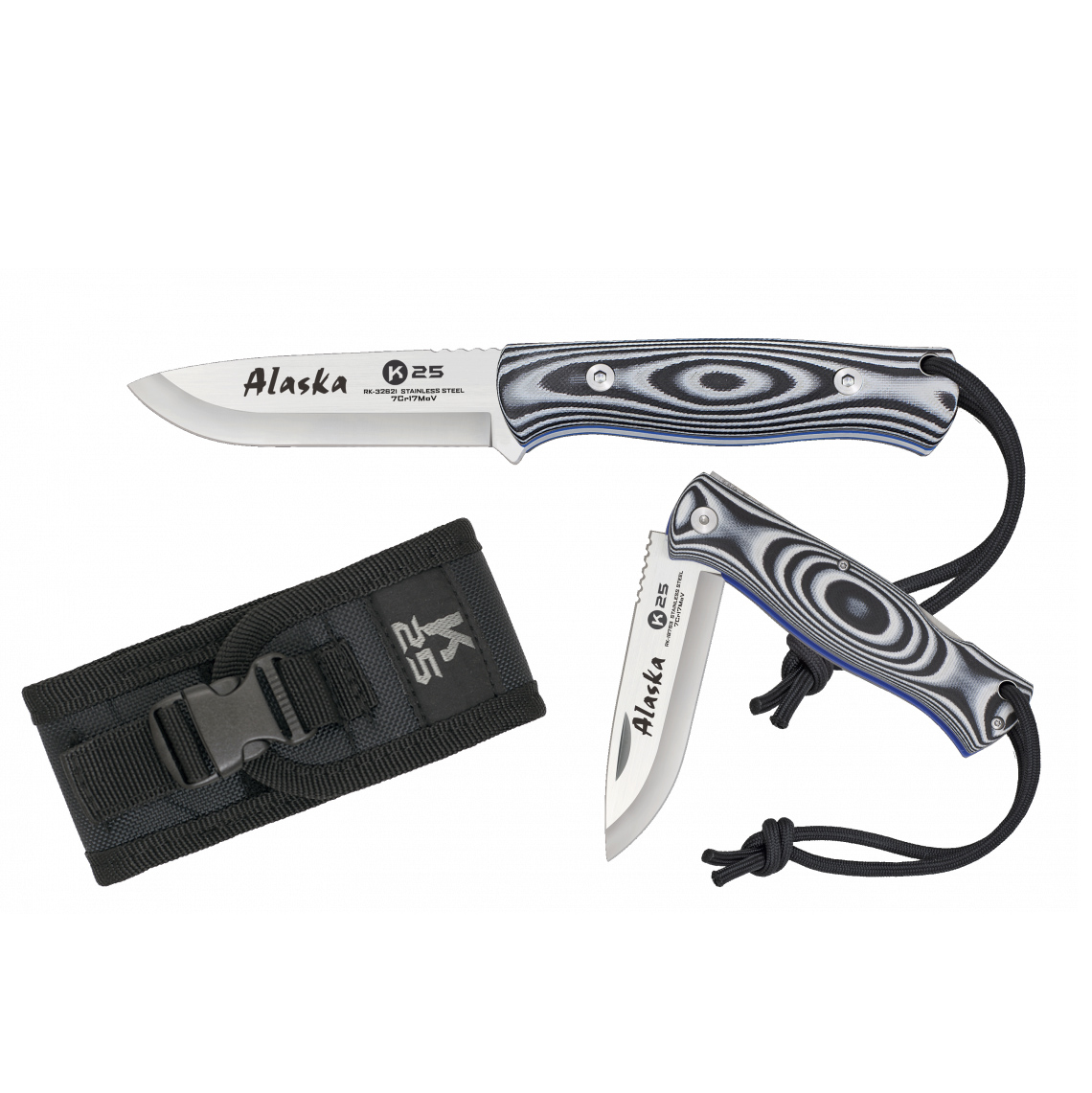 Canivete tático Alaska K25 com lâmina de 9 cm e cabo G10 preto e branco