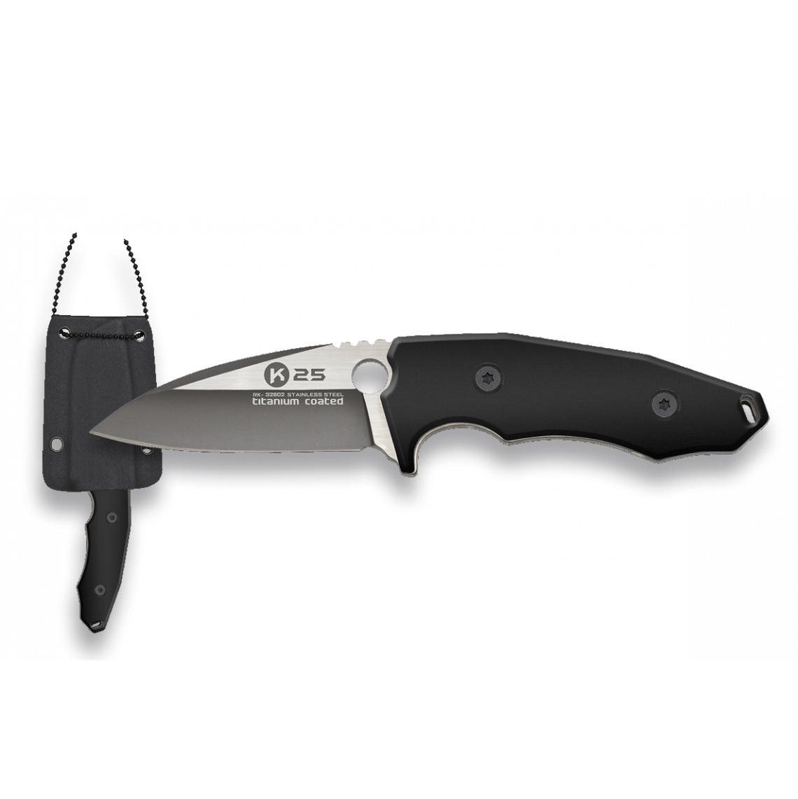 Faca de pescoço K25 com lâmina de 7 cm e cabo G10 preto