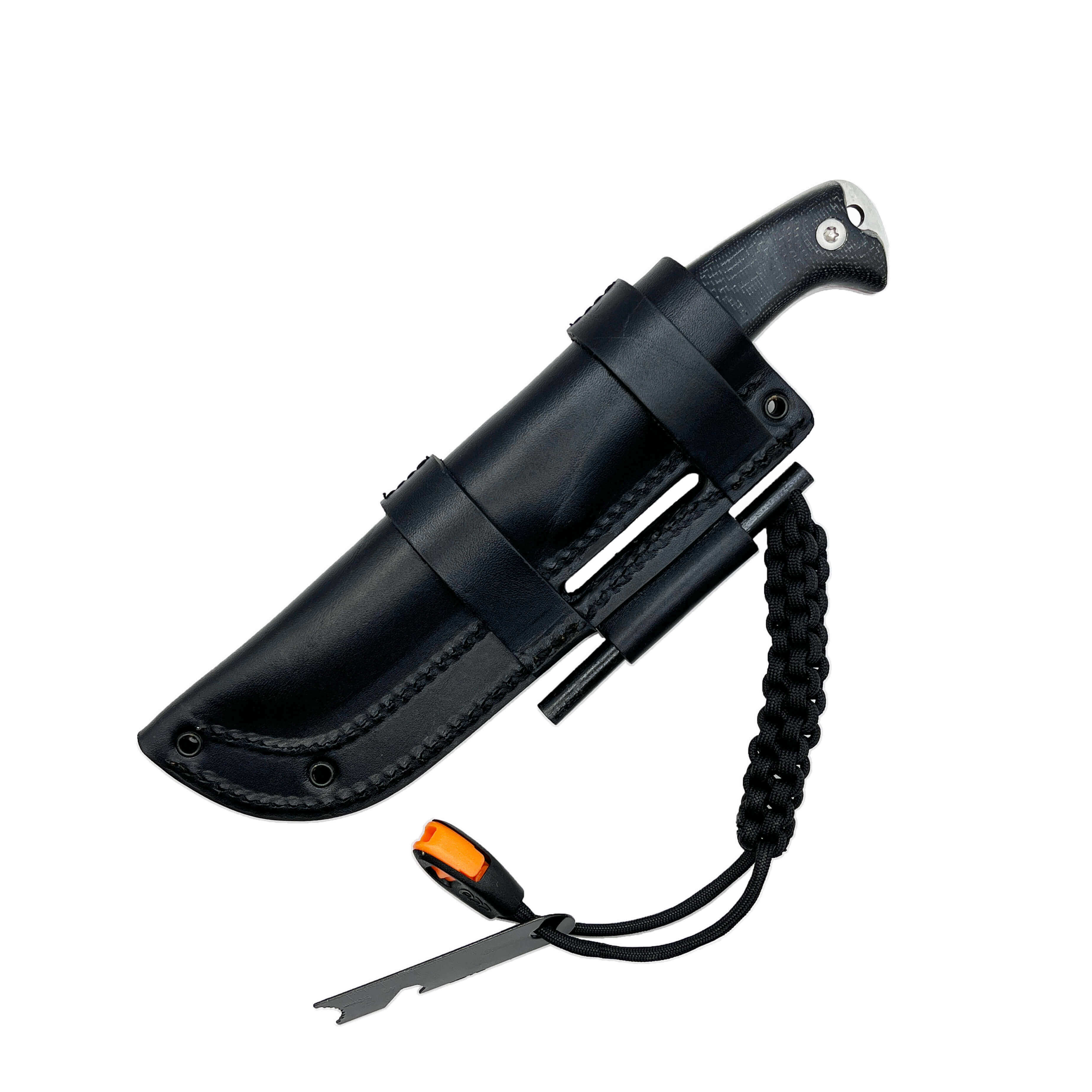 Couteau bushcraft Amarok-4F avec manche en micarta noir et lame à bord plat de 4" avec silex