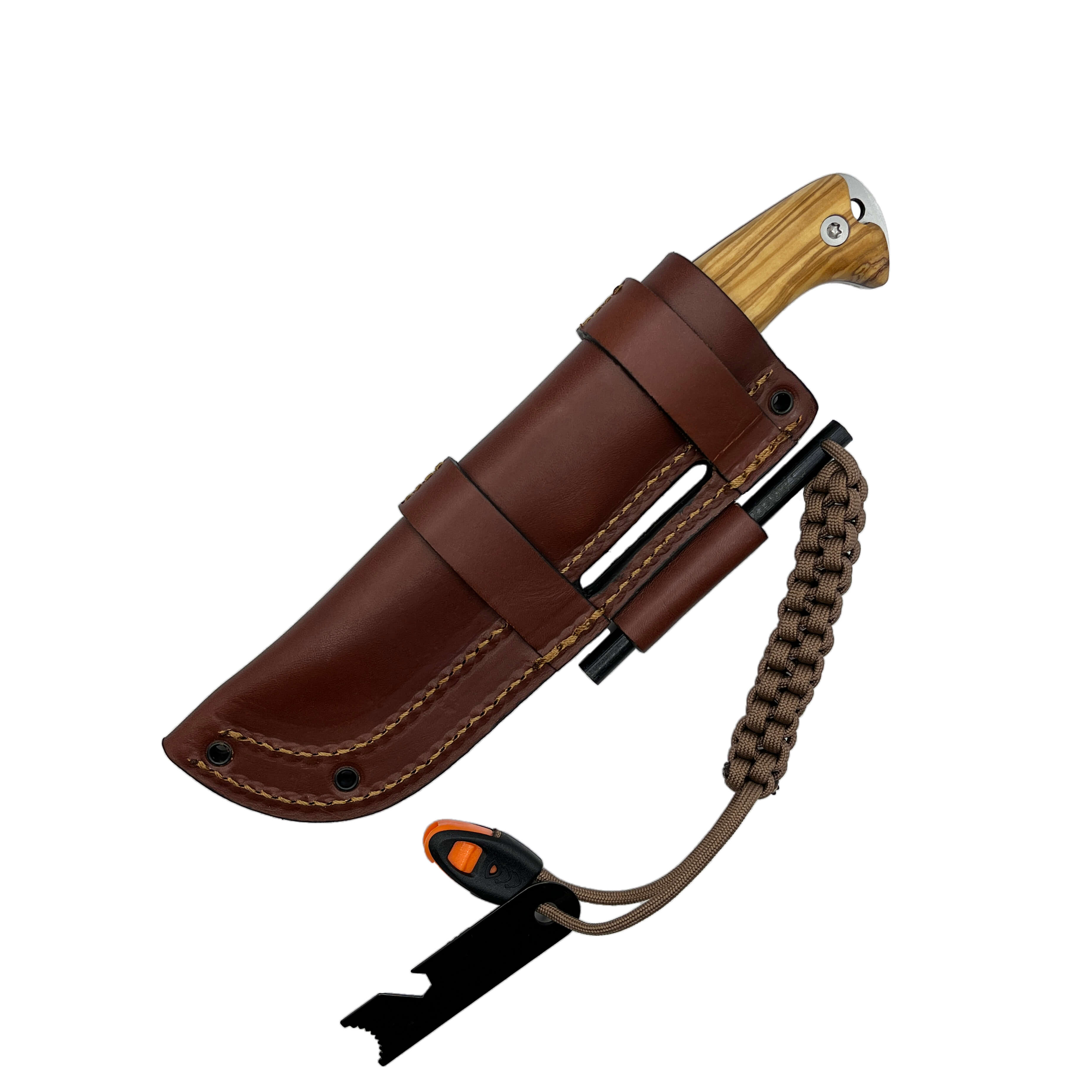 Cuchillo bushcraft Amarok-4F con mango de madera de olivo y hoja de 4" filo plano con pedernal