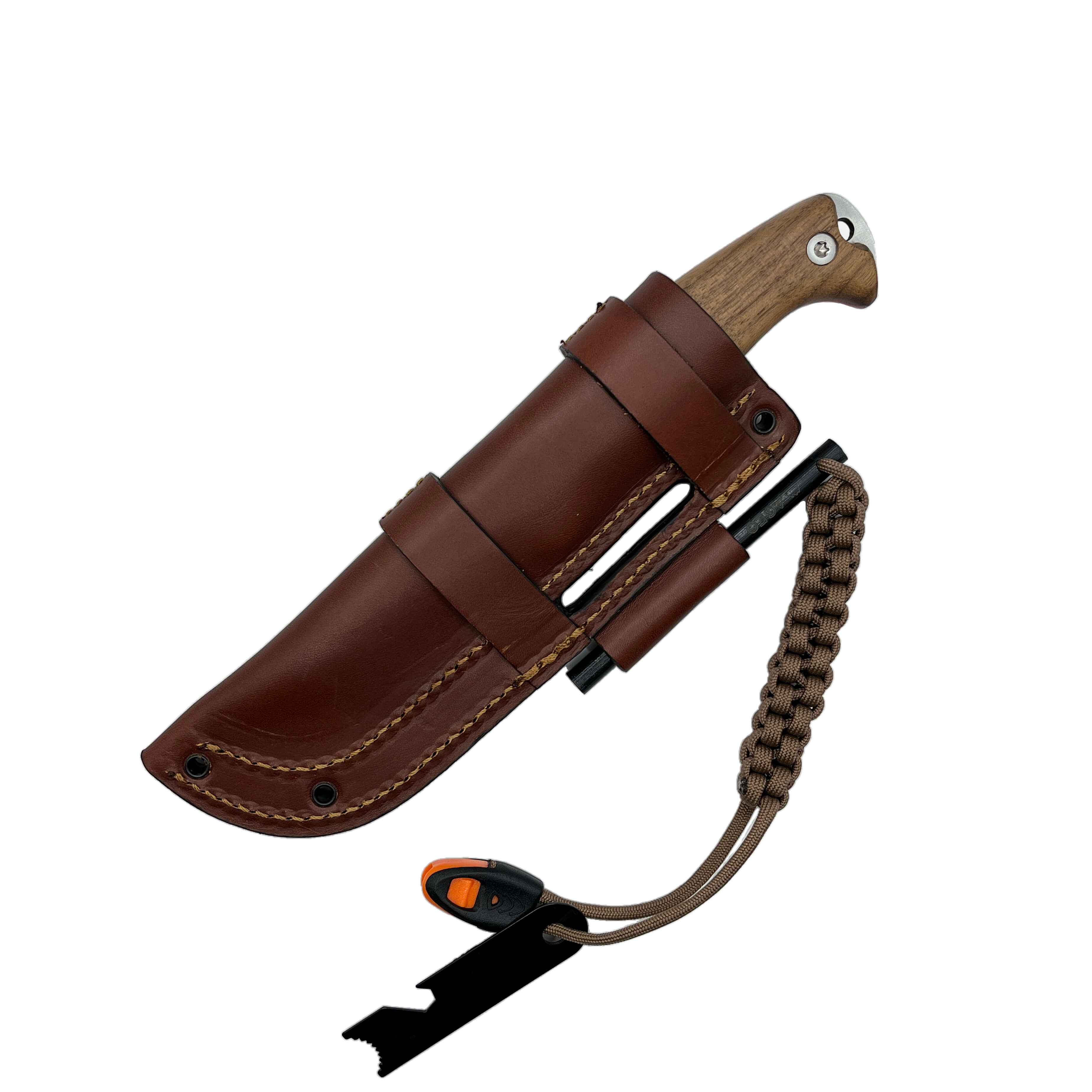 Cuchillo bushcraft Amarok-4S con mango de madera de nogal y hoja de 4" vaciado escandi con pedernal