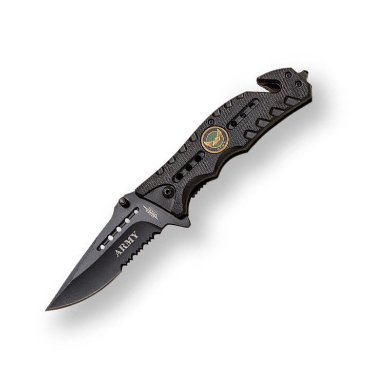 Tactical folding knife with black aluminum handle and 8.8 cm blad...