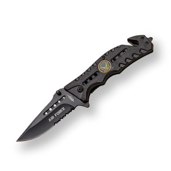 Air Force tactical folding knife with black aluminum handle and 8...