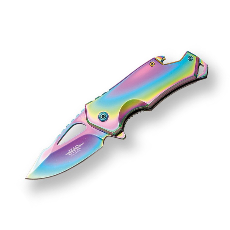 Navaja deportiva rainbow con mango de acero inox y hoja de 7 cm