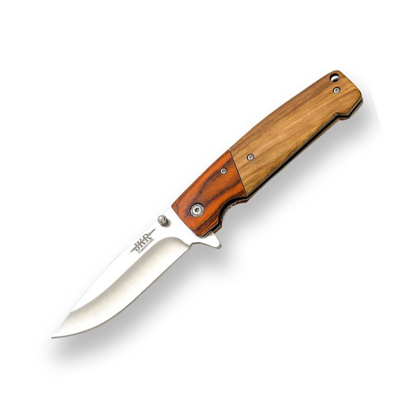 Navaja deportiva con hoja de 8.7 cm y mango de madera zebrano y r...