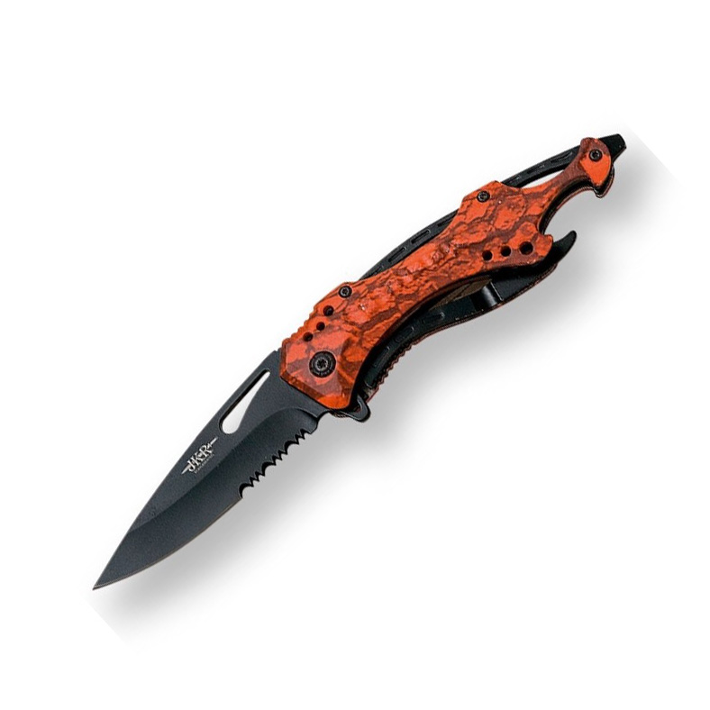 Navaja de rescate con mango de aluminio naranja y hoja negra de 8...