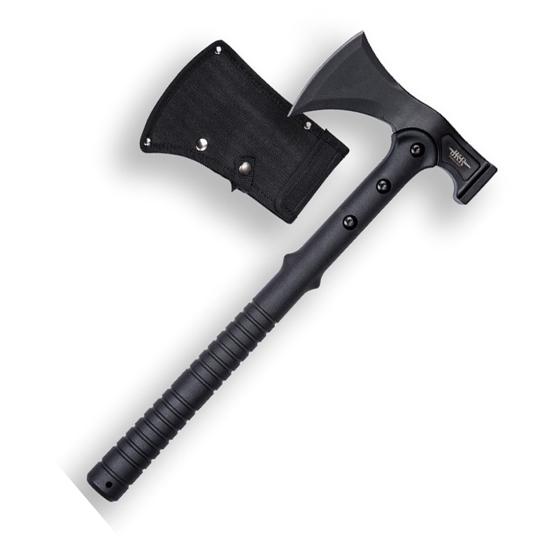 Hacha táctica de 42 cm con hoja negra de acero inox y puño de fib...