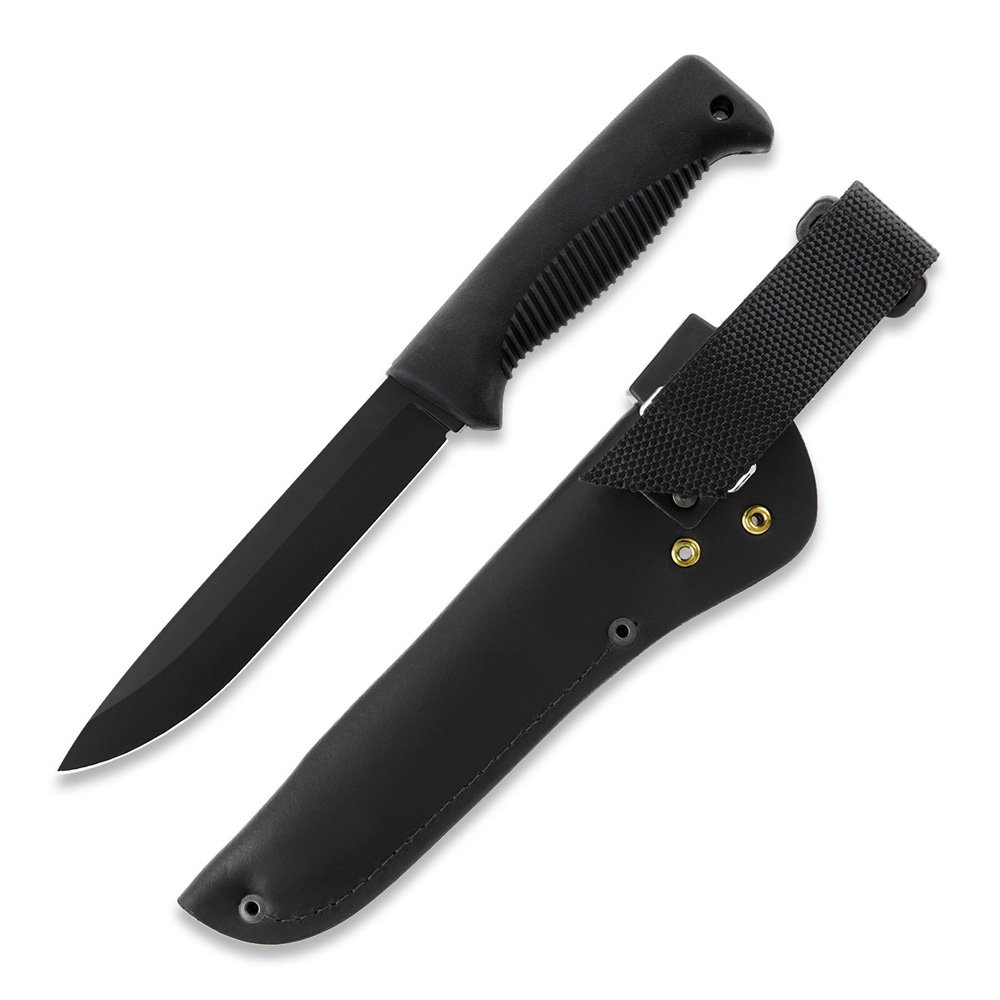 Coltello Puukko M95 Ranger con lama rivestita in Teflon, impugnatura in TPE nero e fodero in pelle nera