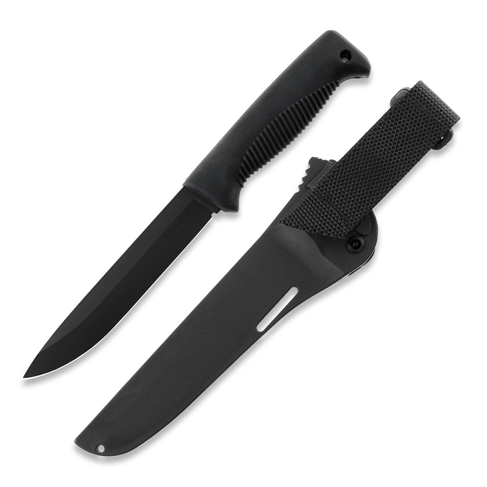 Cuchillo M95 Ranger Puukko con hoja teflonada, mango de TPE negro y funda de composite negro