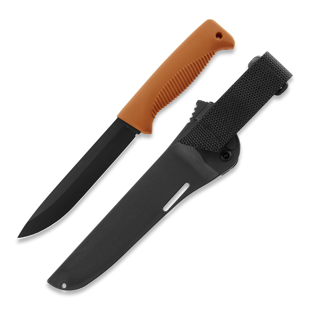 Cuchillo M95 Ranger Puukko con hoja teflonada, mango de TPE naranja y funda de composite naranja