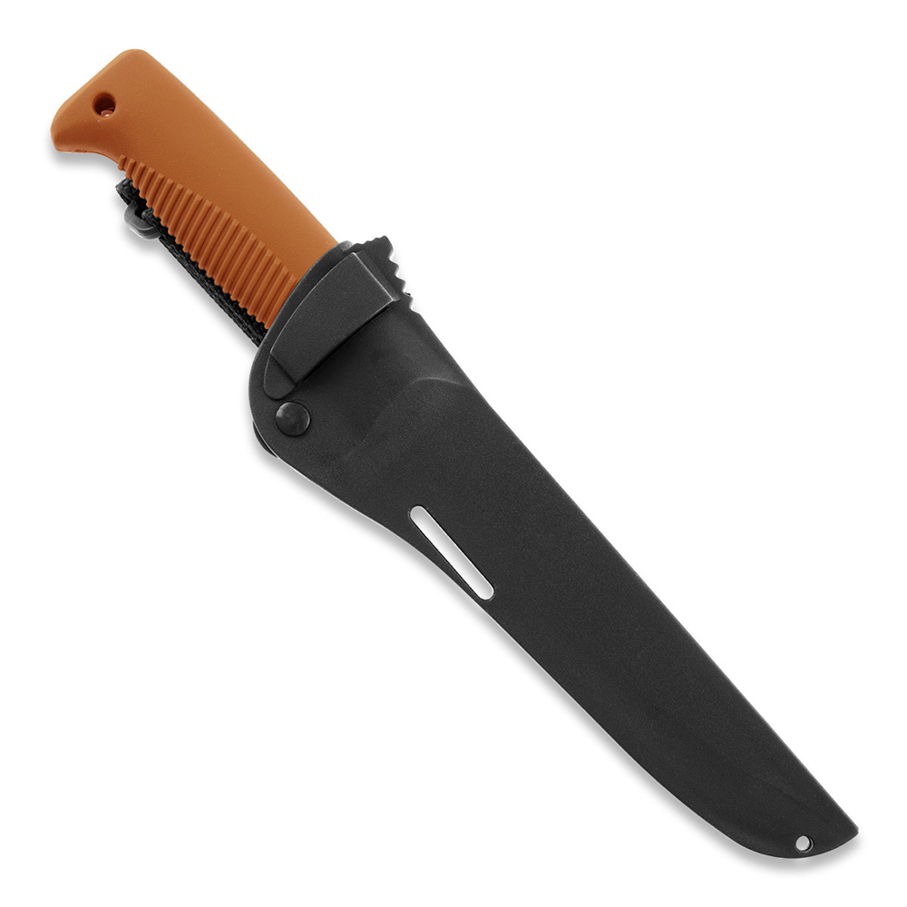 Cuchillo M95 Ranger Puukko con hoja teflonada, mango de TPE naranja y funda de composite naranja