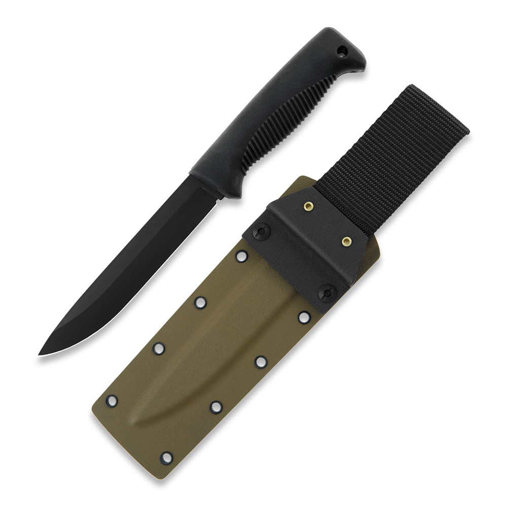 Coltello Puukko M95 Ranger con lama rivestita in Teflon, impugnatura in TPE nero e fodero in kydex coyote