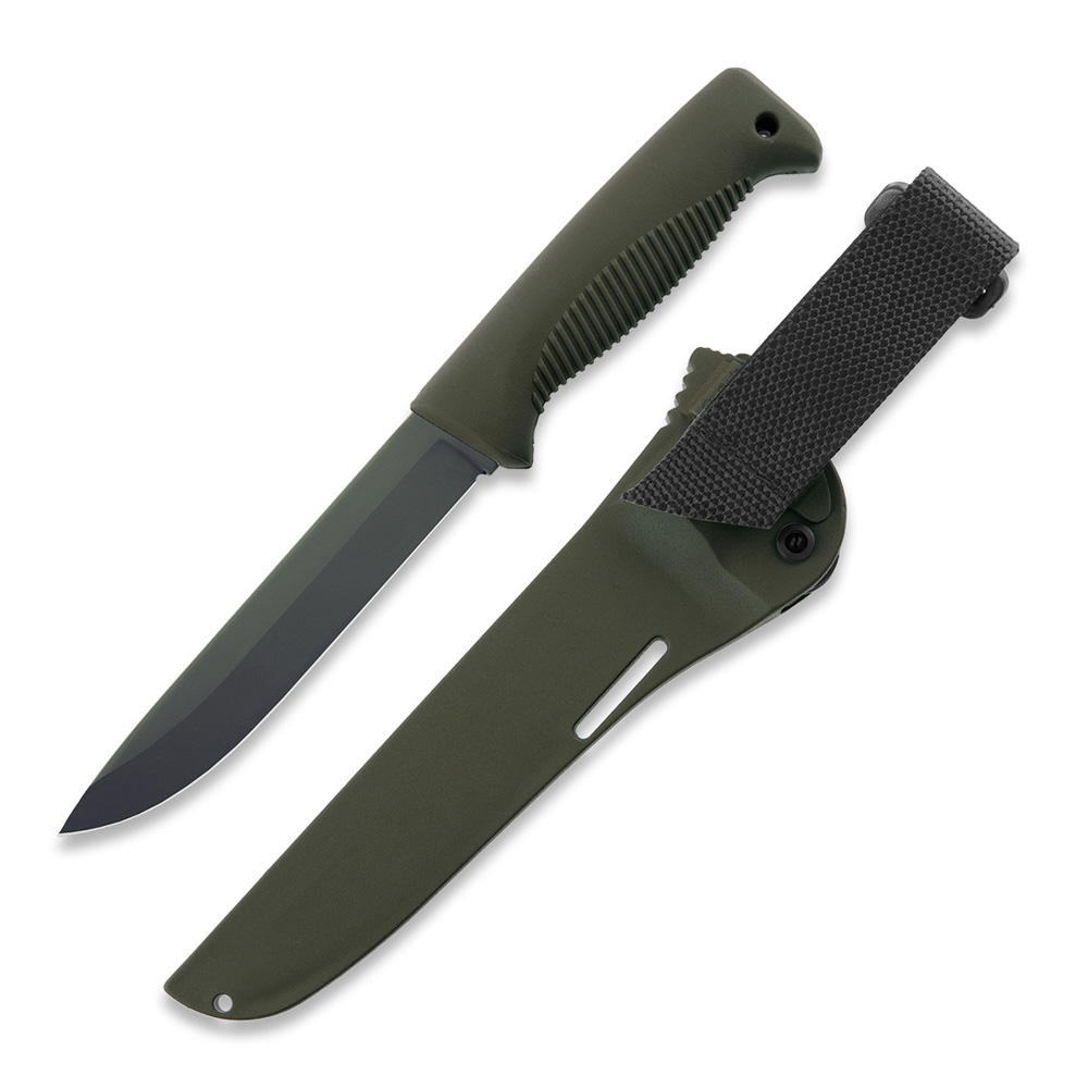 Coltello Puukko M95 Ranger con lama rivestita in Cerakote OD, impugnatura in TPE verde e fodero in composito verde