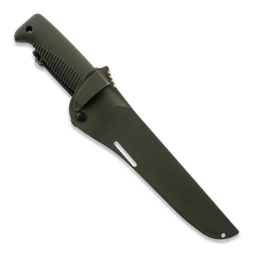 Coltello Puukko M95 Ranger con lama rivestita in Cerakote OD, impugnatura in TPE verde e fodero in composito verde