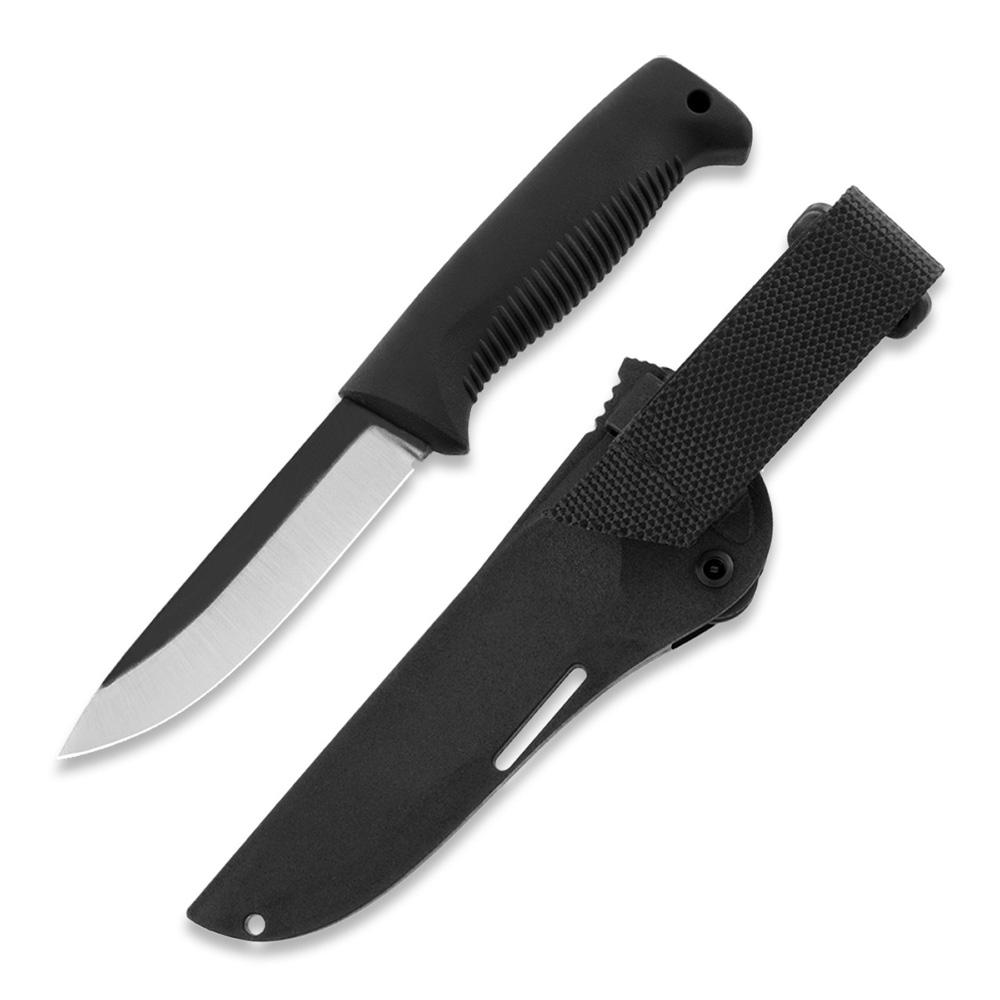 M07 Ranger Puukko Knife with black TPE handle and black composite sheath