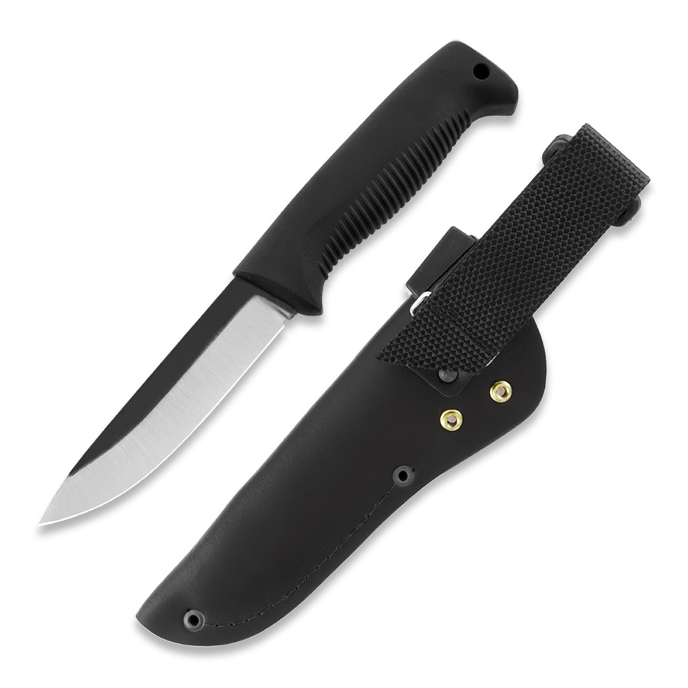 Cuchillo M07 Ranger Puukko con mango de TPE negro y funda de piel negra