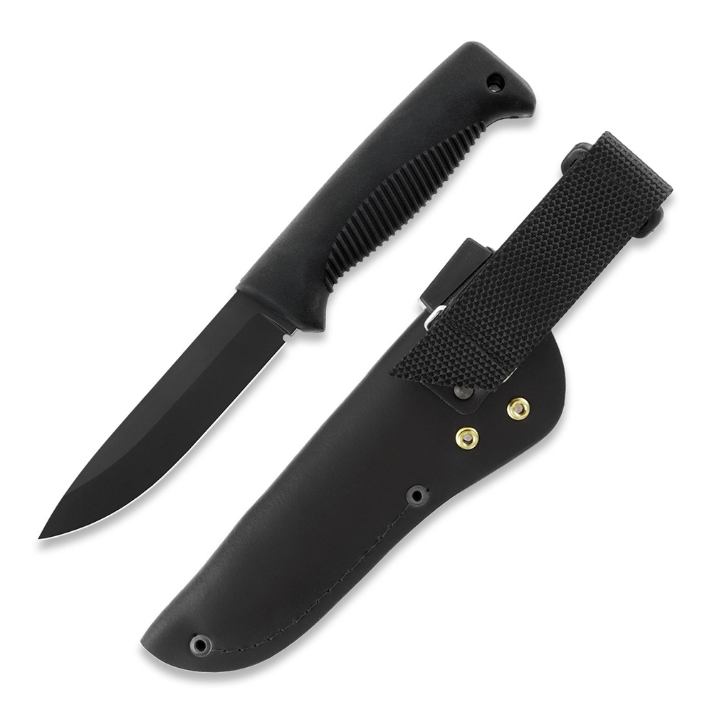 Cuchillo M07 Ranger Puukko con recubrimiento PTFE negro en la hoja y mango de TPE negro  y funda de piel negra