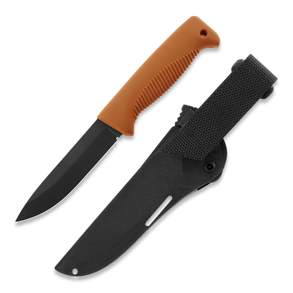 Cuchillo M07 Ranger Puukko con recubrimiento PTFE negro en la hoja y mango de TPE naranja y funda de composite negra