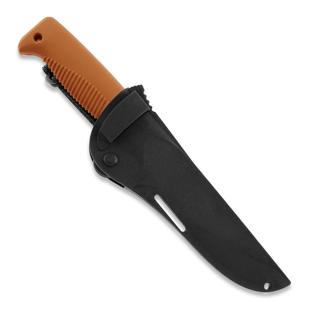 Cuchillo M07 Ranger Puukko con recubrimiento PTFE negro en la hoja y mango de TPE naranja y funda de composite negra