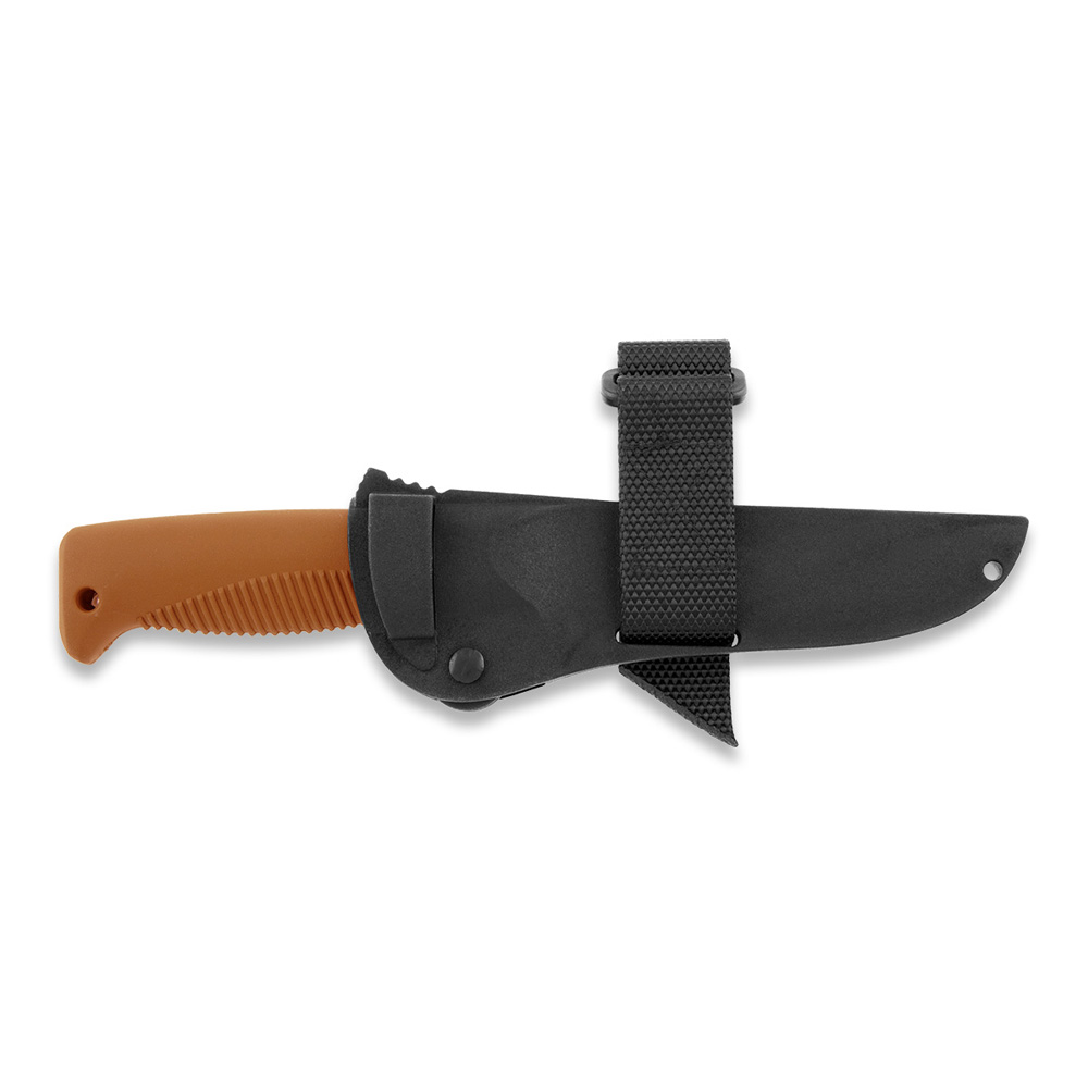 Cuchillo M07 Ranger Puukko con recubrimiento PTFE negro en la hoja y mango de TPE naranja y funda de composite negra