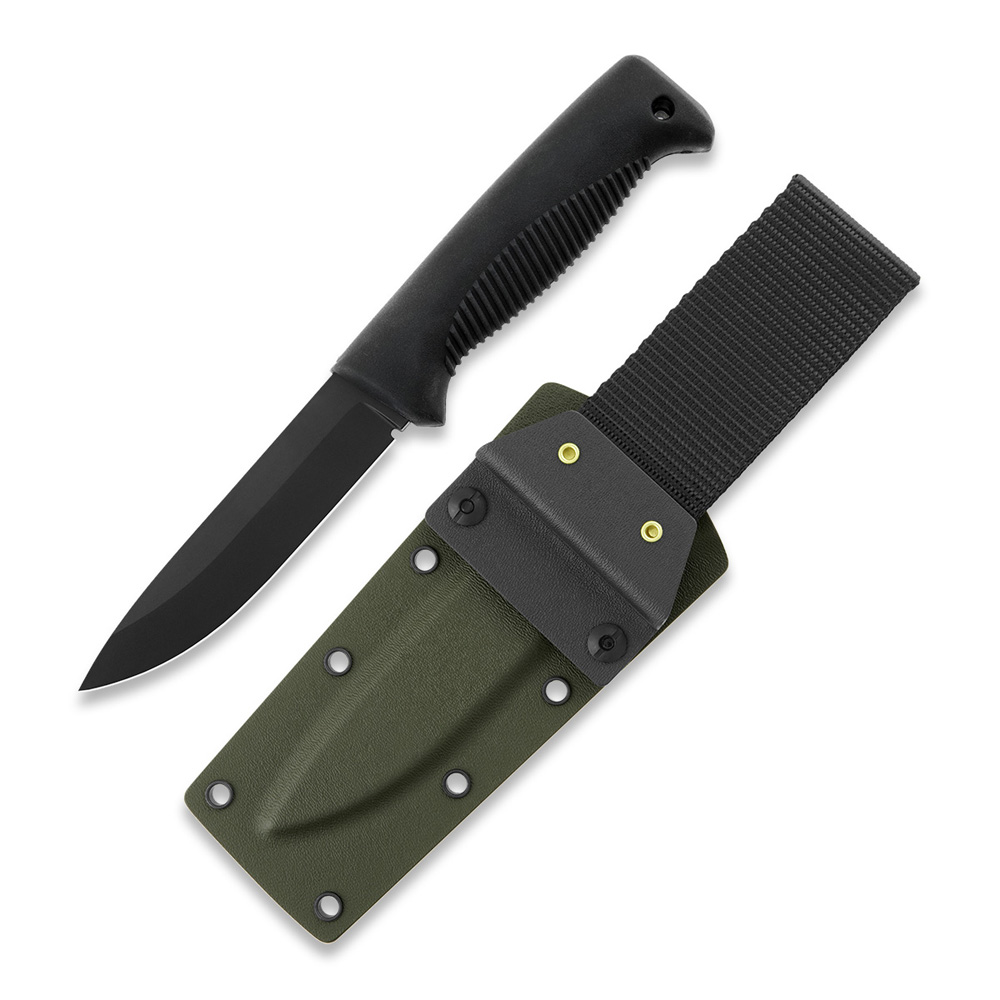 Cuchillo M07 Ranger Puukko con recubrimiento PTFE negro en la hoja y mango de TPE negro y funda kydex verde