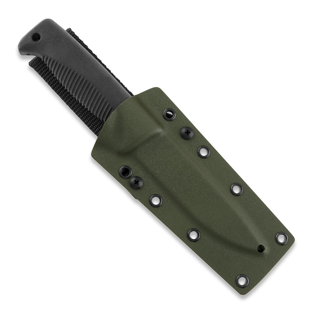 Cuchillo M07 Ranger Puukko con recubrimiento PTFE negro en la hoja y mango de TPE negro y funda kydex verde