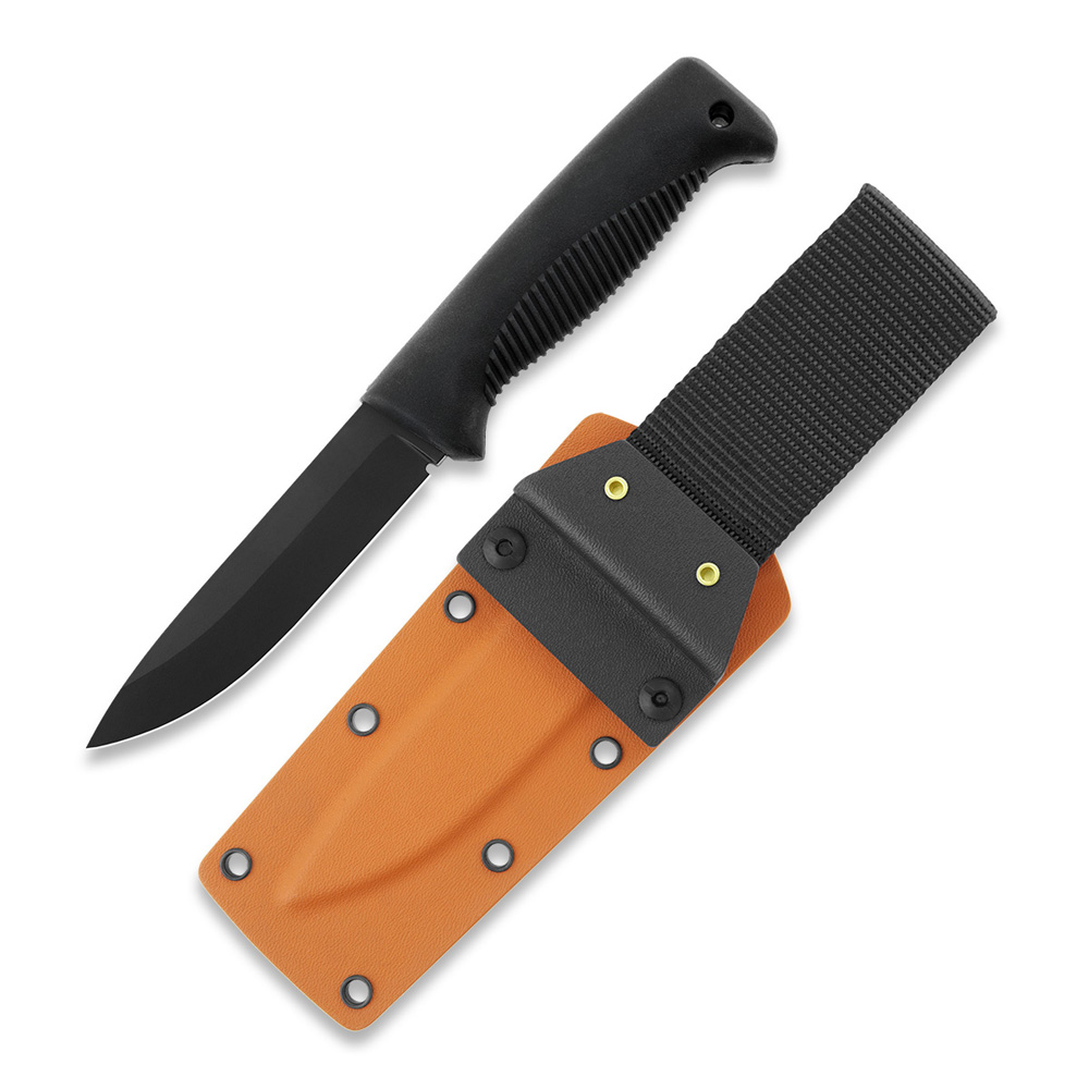 Cuchillo M07 Ranger Puukko con recubrimiento PTFE negro en la hoja y mango de TPE negro y funda kydex naranja