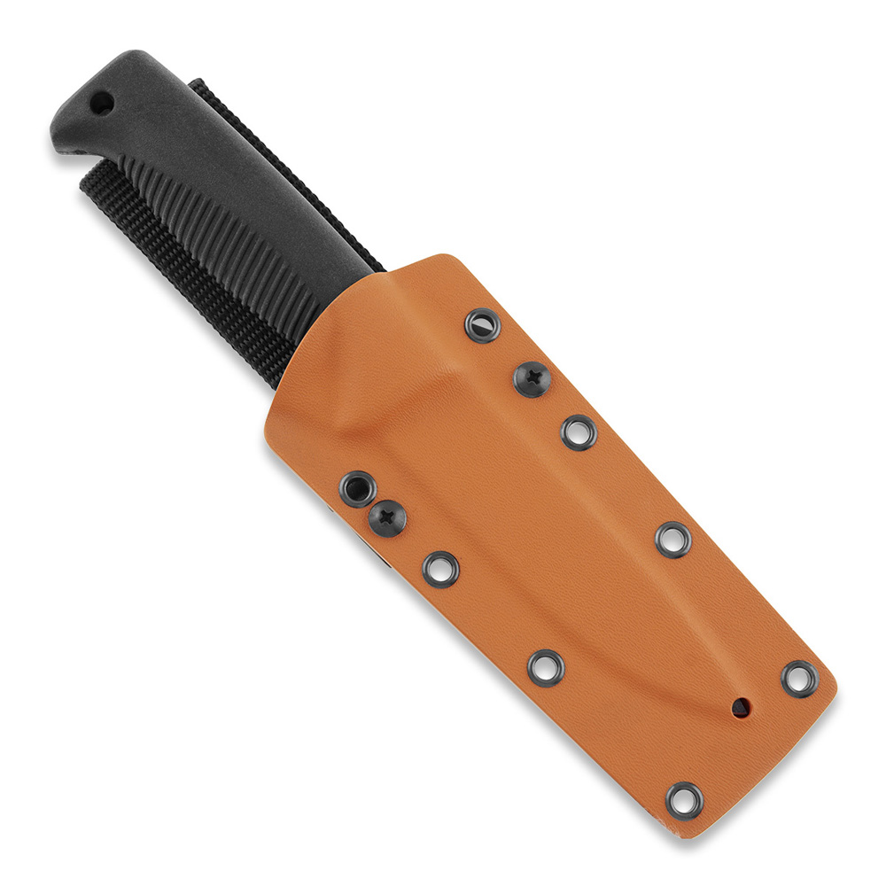 Cuchillo M07 Ranger Puukko con recubrimiento PTFE negro en la hoja y mango de TPE negro y funda kydex naranja