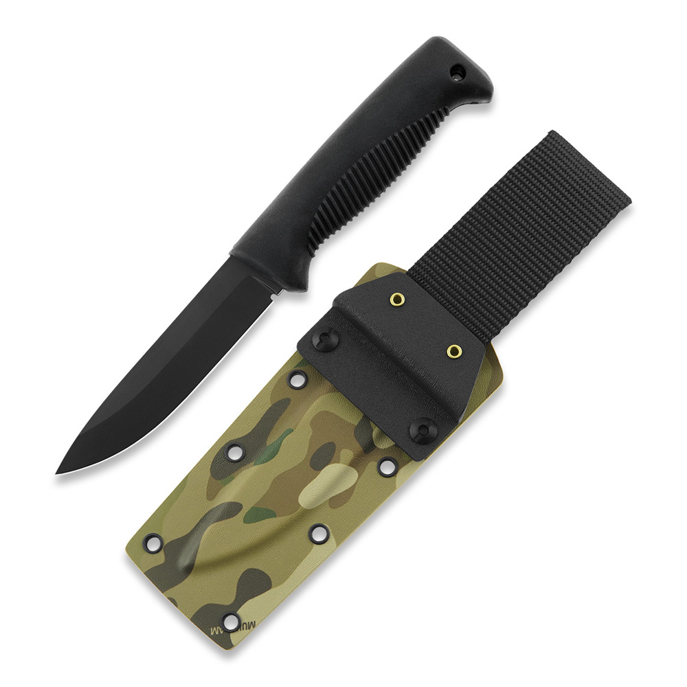 Coltello tattico Puukko M07 Ranger con lama rivestita in teflon nero da 11,9 cm, impugnatura in TPE nero e fodero in kydex multicam