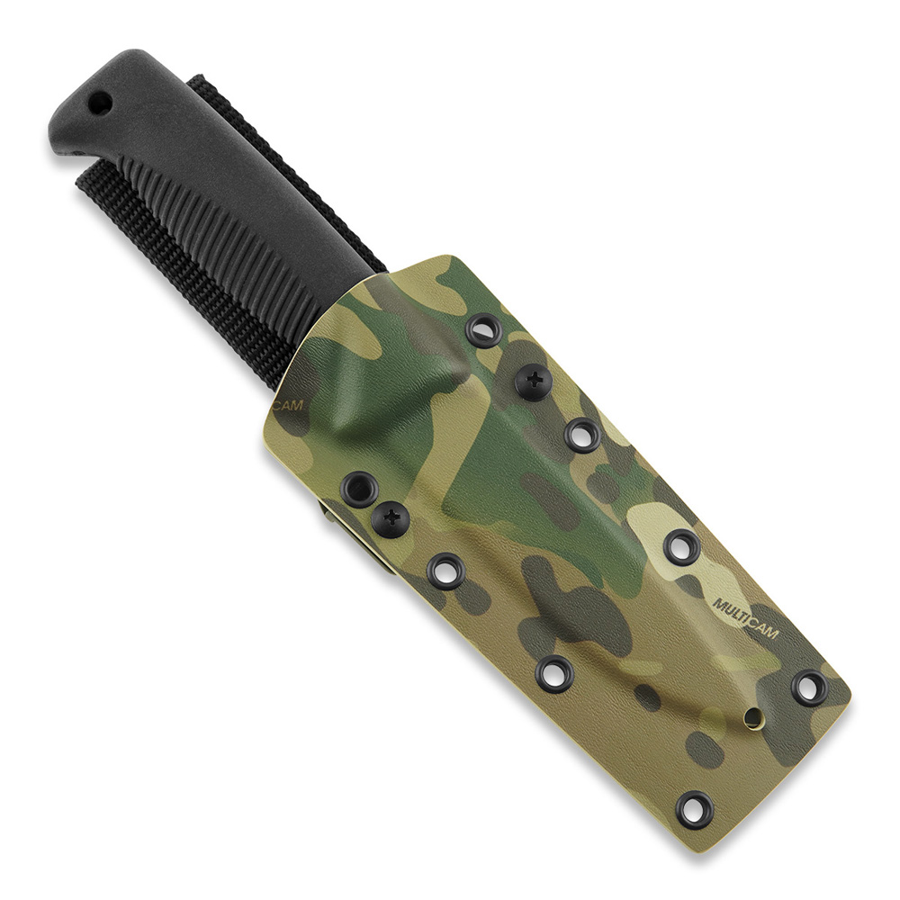 Coltello tattico Puukko M07 Ranger con lama rivestita in teflon nero da 11,9 cm, impugnatura in TPE nero e fodero in kydex multicam