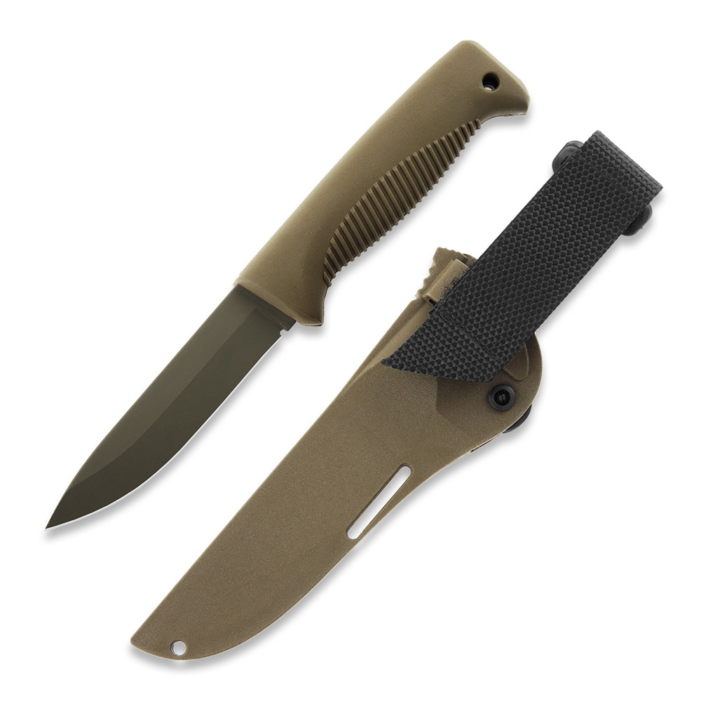 Cuchillo táctico M07 Ranger Puukko con hoja cerakote FDE de 11.9 cm, mango de TPE coyote y funda de composite coyote