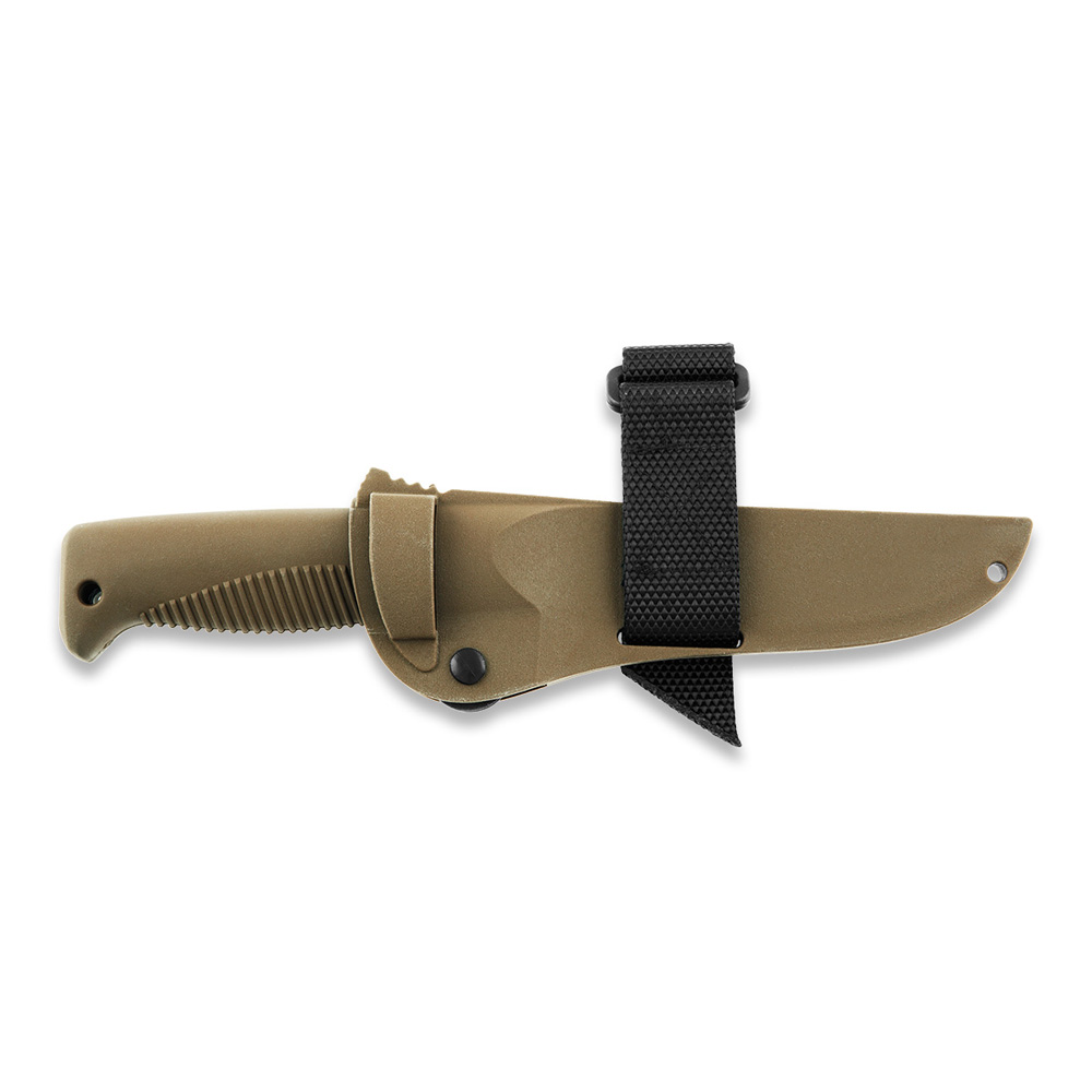 Cuchillo táctico M07 Ranger Puukko con hoja cerakote FDE de 11.9 cm, mango de TPE coyote y funda de composite coyote