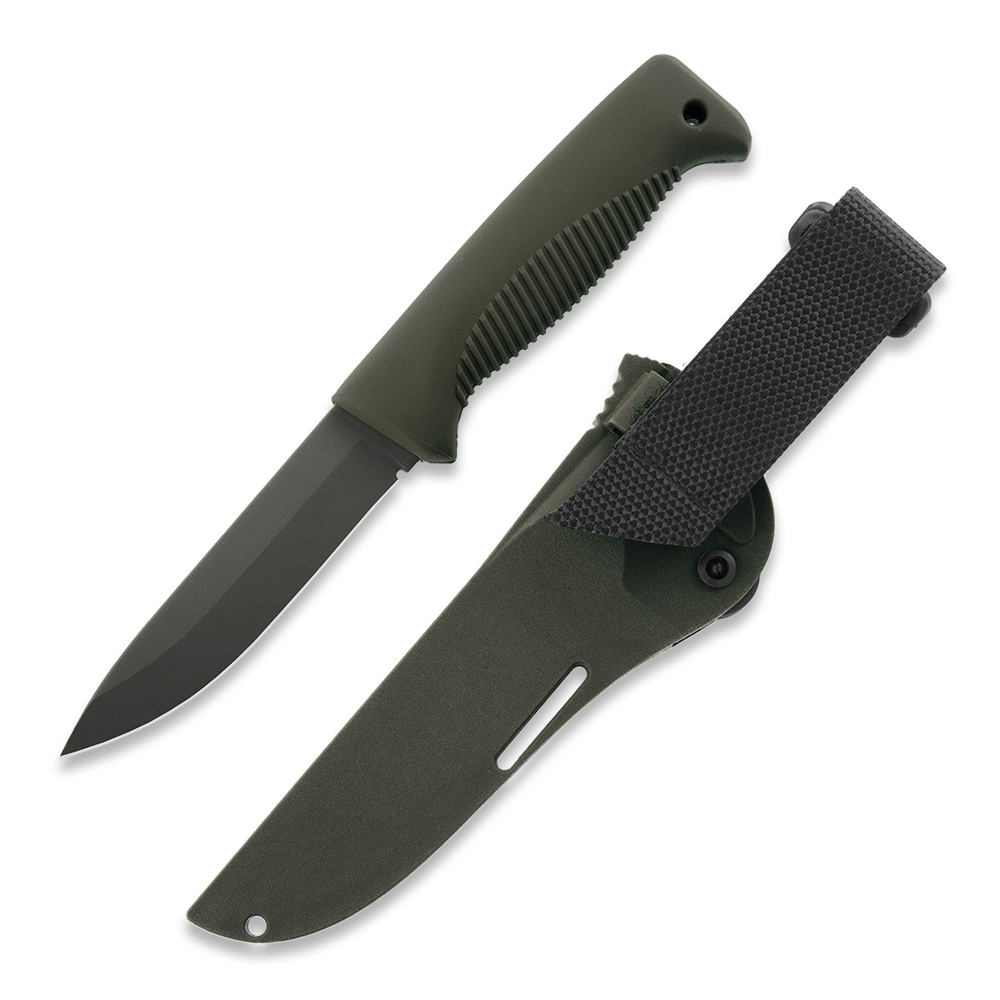 Cuchillo táctico M07 Ranger Puukko con hoja cerakote OD de 11.9 cm, mango de TPE verde y funda de composite verde