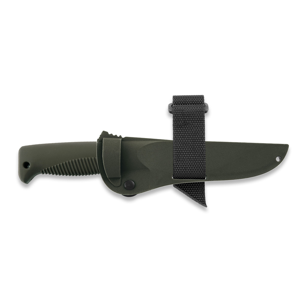 Cuchillo táctico M07 Ranger Puukko con hoja cerakote OD de 11.9 cm, mango de TPE verde y funda de composite verde