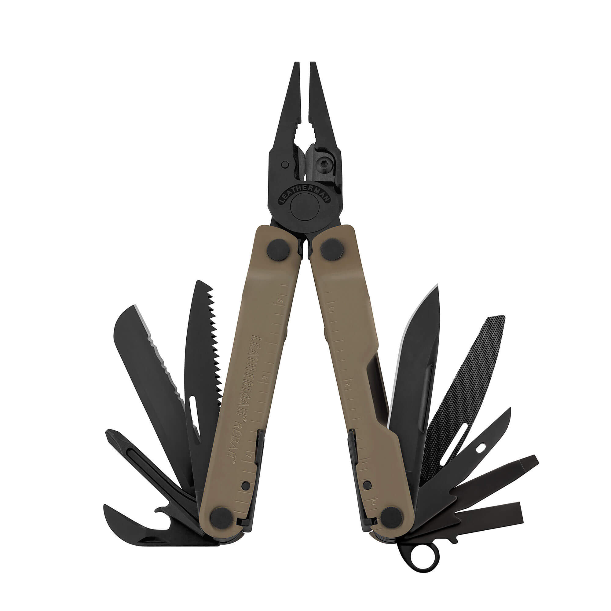 Alicate multiherramienta Leatherman Rebar coyote y tan con 17 uso...