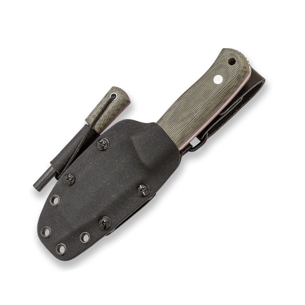 Joker Erizo TS2 com cabo em micarta verde. Bainha em Kydex com pederneira incluída.