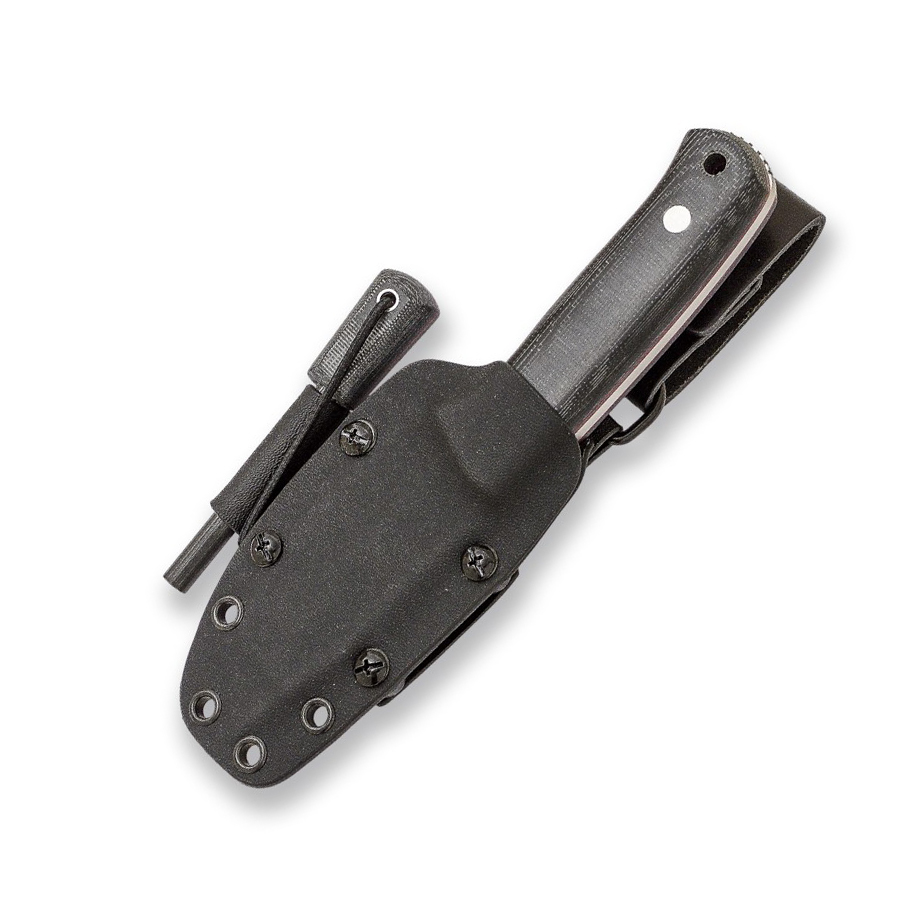 Joker Erizo TS2 com cabo em micarta de lona preta. Bainha em Kydex com pederneira incluída.