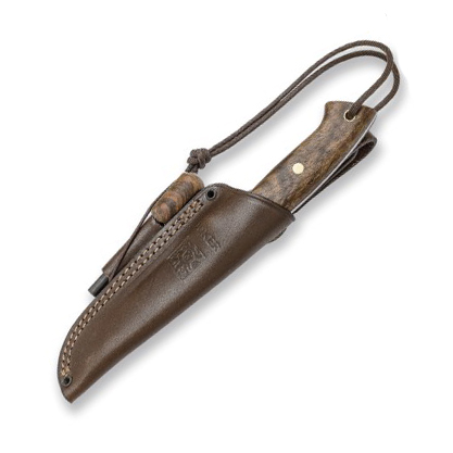 Faca Joker Ranger com cabo em nogueira. Inclui bainha em pele de vaca com pederneira.