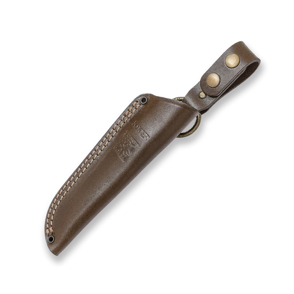 Cuchillo Joker Ranger con mango de madera de olivo y filo plano. Incluye funda de vaquetilla.