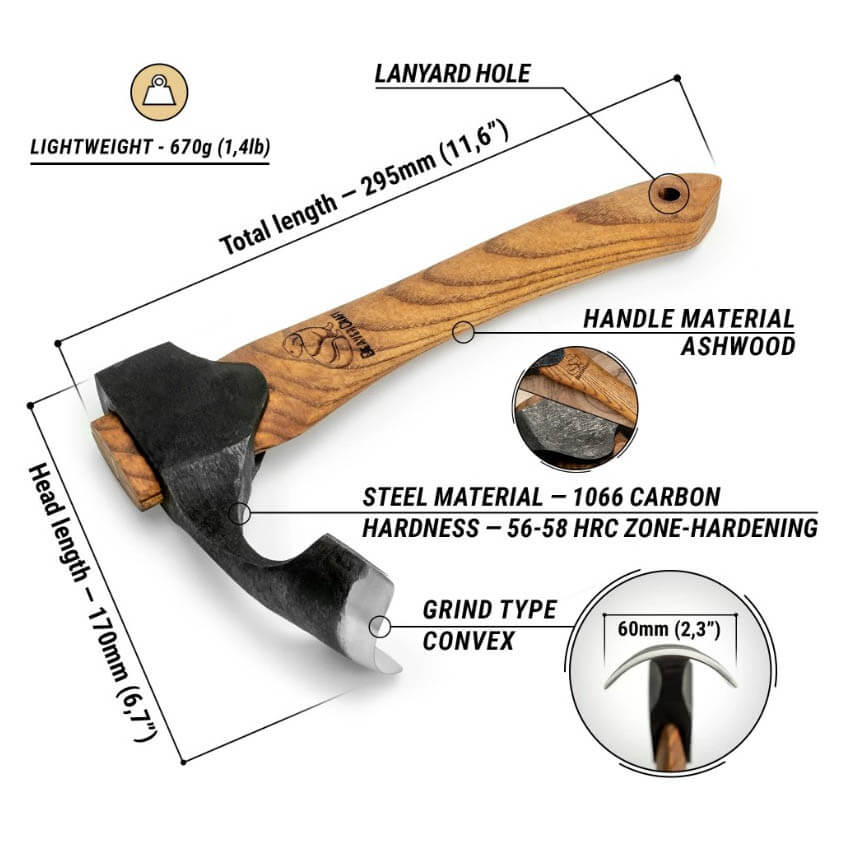 Machado compacto AX2 com lâmina curva e arqueada e cabo de madeira