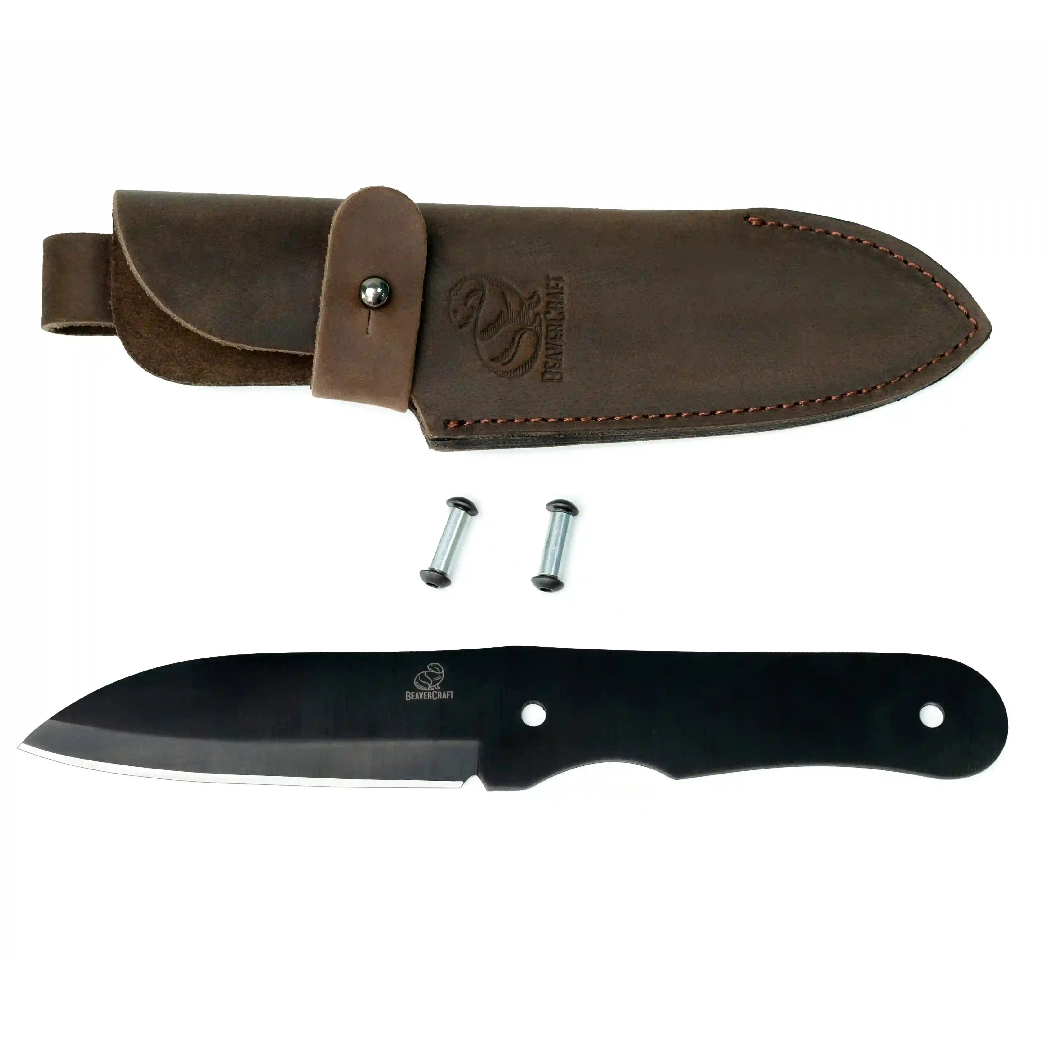 Bushcraft knife making kit with black carbon steel blade