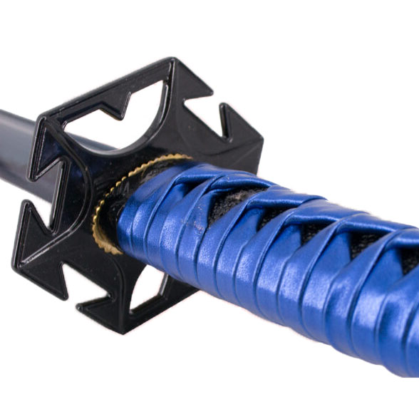 Katana funcional azul con caja de presentación y soporte