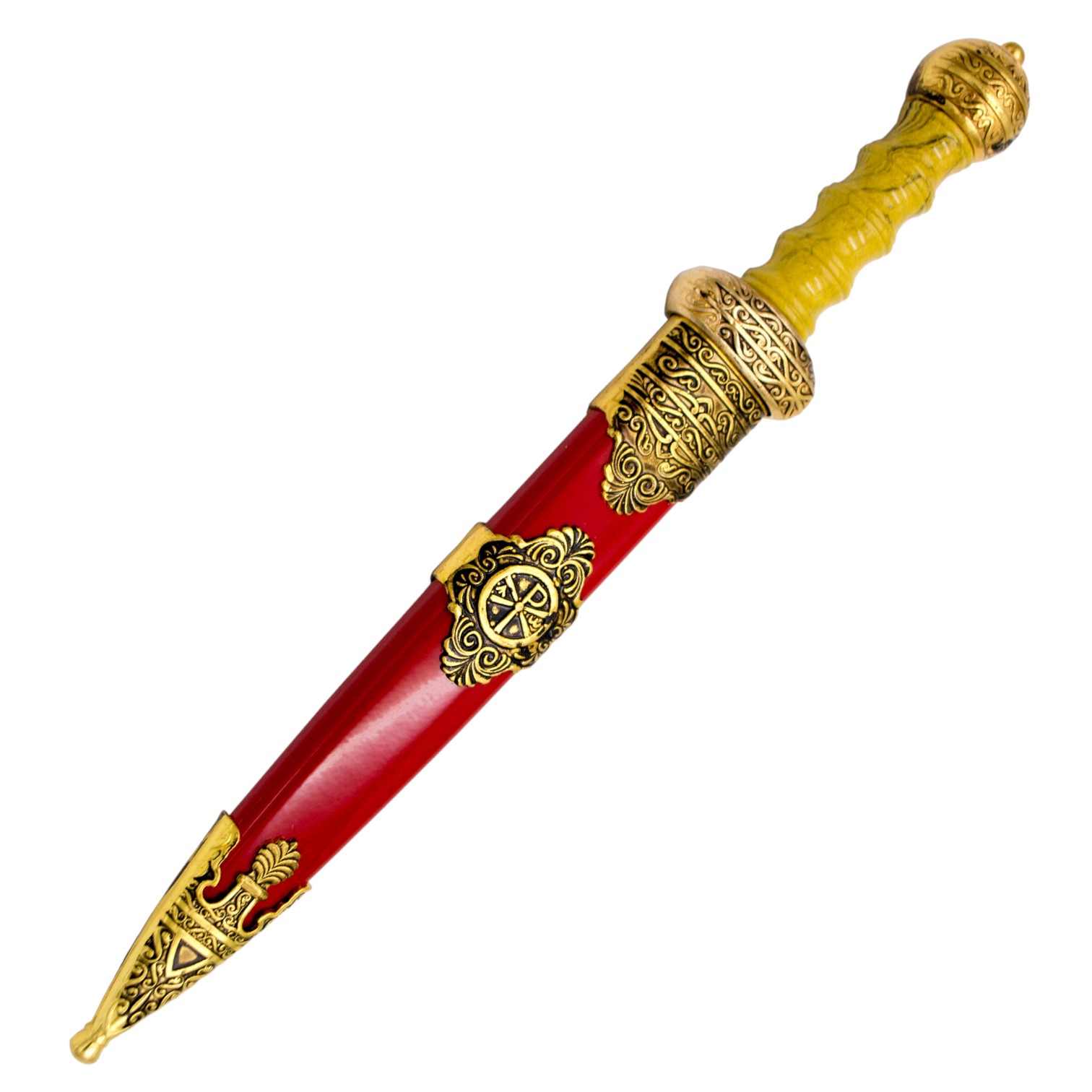 Daga decorativa Gladius color rojo con detalles dorado antiguo y  hoja imitación damasco